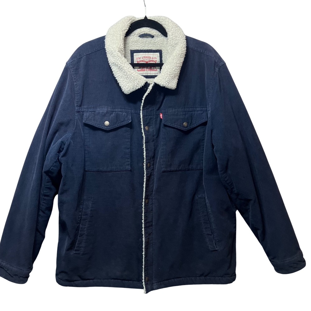 Levi's Corduroy Sherpa‎ Trucker Jacket XXL Mens Blue Full Lined Coat Zip Up